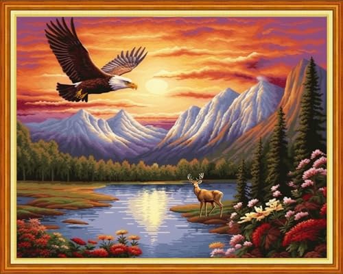 Image of Foxhool Beginners Cross Stitch Kits Stamped Full Range of Embroidery Kits for Adults DIY Cross Stitches kit Embroidery Patterns for Needlepoint kit-Eagles Cleaved the Sky 16x20 inch