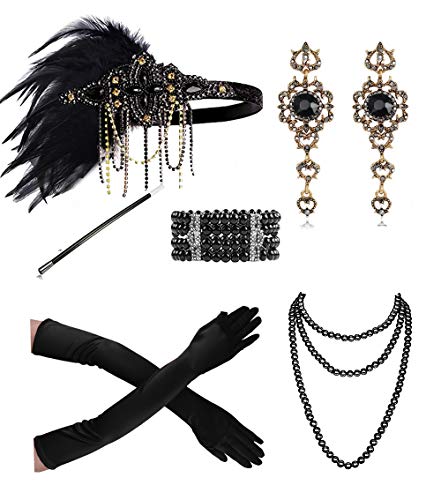1920s Flapper Gatsby Costume Accessories Set 20s Flapper Headband Pearl Necklace Gloves Cigarette Holder(11bd)