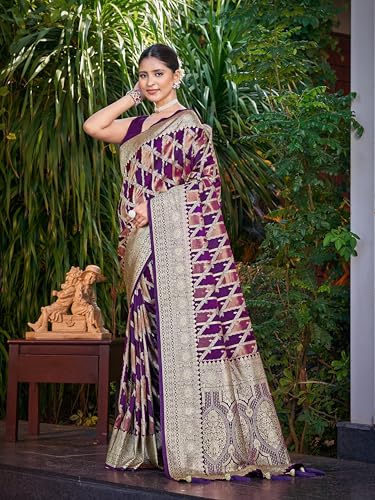 Image of MANOHARI Women's Trendy Banarasi Satin Silk Woven Saree with Heavy Jacquard Work, Elegant Design with Matching Lace Border Unstitched Blouse Piece for Weddings & Festive Occasions