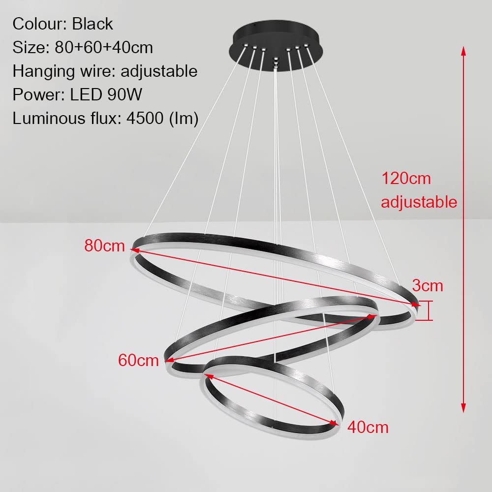 90W Suspension LED moderne dimmable 3000-6000K, Lustre LED de 3 anneaux noir, réglable en hauteur, avec télécommande, Suspension Luminaire LED pour Salon Cuisine Salle À Manger, 40+60+80cm