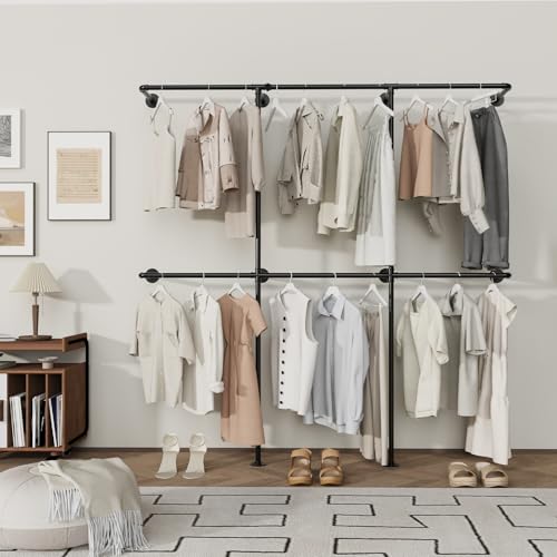 YheenLf Portant à Vêtements Industriel, Penderie Murale, Ouvert Penderie Dressing, Porte Manteau avec tube noir robuste, Capacité de charge 300 kg, 180x180 cm