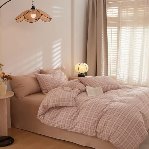 Image of EAVD Pink Gingham Duvet Cover Full Soft Washed Cotton Reversible Grid Plaid Bedding Set with 2 Pillowcases Modern Checkered Grid Duvet Cover with Zipper Farmhouse Gingham Bedding Set for All-Season