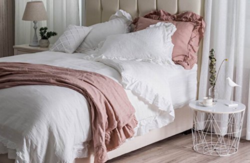 meadow park Stone Washed Pure Linen Duvet Cover Set 3 Pieces - King Size - 104 inches x 94 inches - Shams 20 inches x 36 inches, Double Ruffled Edge Style - Corner Ties, Super Soft, White - Thumbnail 2