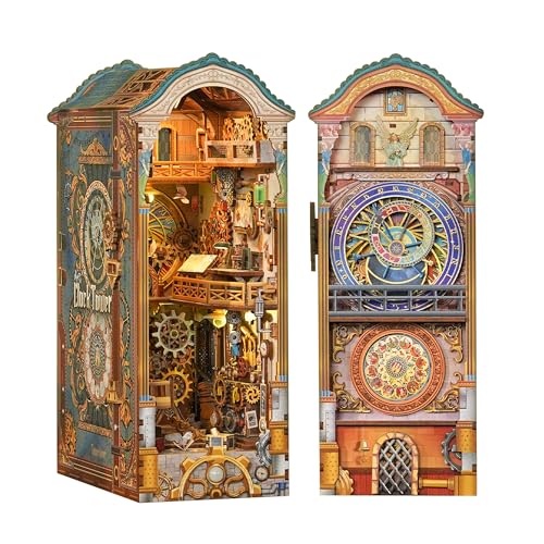 Image of Tonecheer DIY Book Nook Kit for Adults, 3D Wooden Puzzle Bookend Miniature House Kit, Booknook Bookshelf Insert Decor with Dust Cover and LED Lights Gifts (Clock Tower)