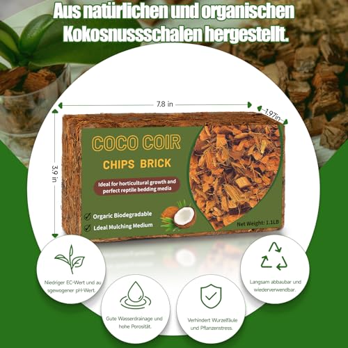 GOTVUGE Kokoschips Pflanzen Substrat, Bio Kokosnussschalenziegel mit niedrigem EC- und pH-Ausgleich, leicht erweiterbares Kokosfaser-Mulchmedium für Gartenblumen & Reptilienbeete (1 Stück)