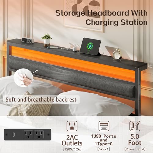 Image of Ourpic Queen Bed Frame with Led Lights and Charging Station, Bed Queen Size Frame with Headboard and Under Bed Storage, Black Metal Platform Bedframe and Storage Shelf, Easy Install