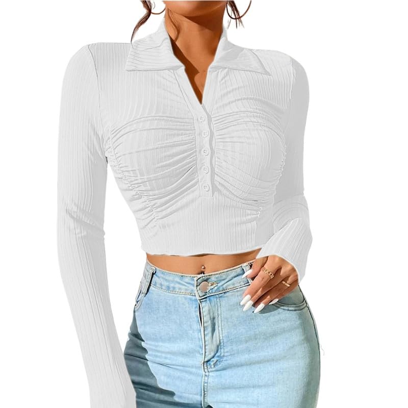 Women Long Sleeve Slim Fit Crop Top Polyester Solid Color Sun Protection with Collar Neck-image-17