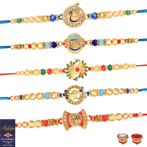 Image of De Marquis 5 Designer Rakhi Sets | RG-07462 Pearl, Kundan, Mauli Thread Rakhee for Brother | Roli-Chawal | Best Wishes Greeting Card (Pack of 5 Rakhees)