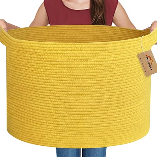 MEGASKET Extra Large Yellow Basket, 22” X 22” X 14” Cotton Rope Yellow Decor for Living Room Bedroom, Woven Basket for Blanket, Laundry, Towel, Shoe, Baby Nursery Toy Organizer, Room Decor Storage Bin