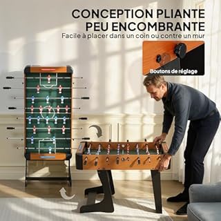 SPORTNOW Baby-Foot Pliable en Bois, Table de babyfoot Pliable sur Pied, Jeu de Football avec 2 balles, 22 Joueurs, 2 compteurs de Points manuels et poignées antidérapantes 118 x 107,5 x 78 cm, Marron