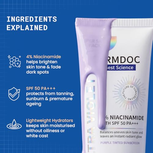 Image of DERMDOC SPF 50 Ultra Violet Brightening Tinted Sunscreen with 4% Niacinamide, 100g | PA +++ | With Purple Tint | Evens Skin Tone | Lightweight | UVA & UVB Protection | Zero White Caste | Strengthens Skin Barrier | Ultra-Light & Non-Greasy