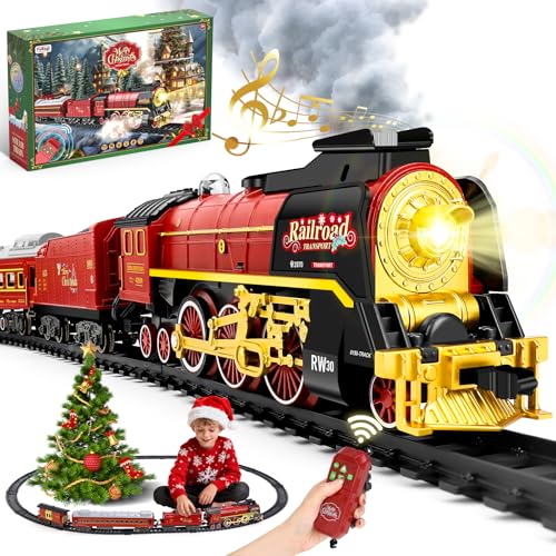 Christmas Train Set for around under The Tree, Electric Christmas Tree Train with Remote Sound Smoke Light, Steam Locomotive Xmas Christmas Train Toy Gift for Kids Boy Girl, Glowing Passenger Carriage