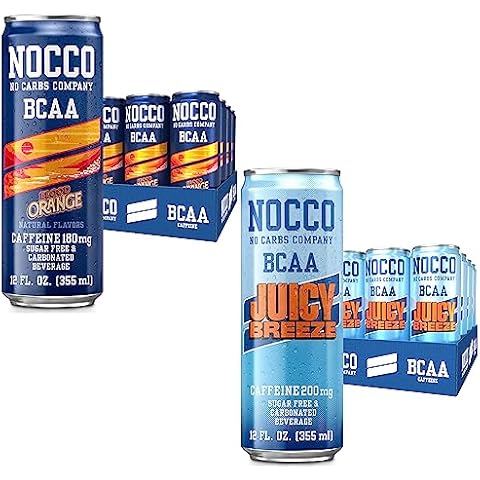 NOCCO BCAA Energy Drink 24 Pack Blood Orange & Juicy Breeze - 12 Count (Pack of 24) - 180-200mg of Caffeine Sugar Free Energy Drinks - Carbonated, BCAAs, Vitamin B6, B12, & Biotin - Performance Drink Cover