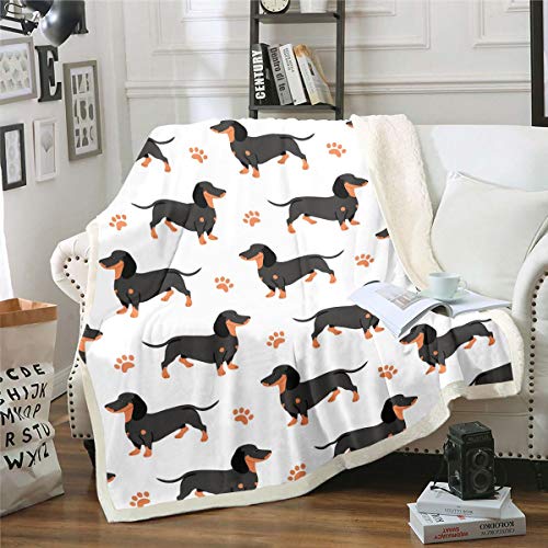 Loussiesd Cute Puppy Comfort Fuzzy Blanket Dachshund Sausage Fleece Sherpa Throw Blanket Cartoon Weiner Dog Paw Plush Blankets and Throws Home Bed Sofa All Season Microfiber White Double 60x79 Inch