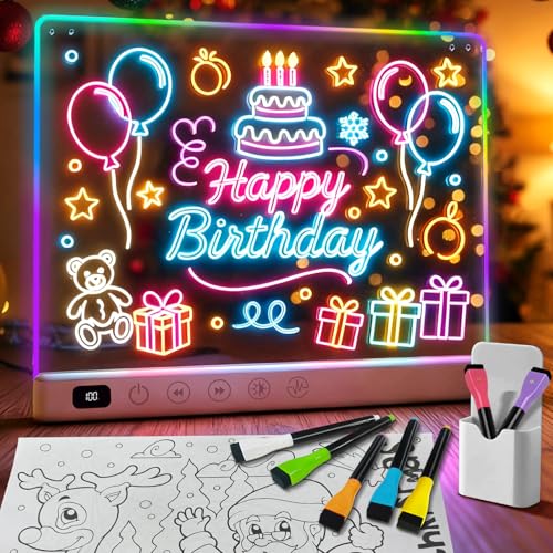 Solorage LED Zeichenbrett Kinder, Wiederaufladbare Leuchttafel mit 13 Lichtmodi, Kreatives Lernspielzeug für Mädchen Jungen 4-8 Jahre, 35 x 25 cm LED Maltafel mit Klappständer & Neon Stiften