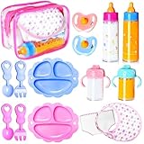 15Pcs Baby Doll Accessories Magic Bottle Set,Pretend Play Feeding Toy with Juice Milk Bottles,Sippy Cups,Pacifiers,Bowl Spoons,Bib,Diaper,Dolls Feeding Kit for Kids Girls,Party,Gift