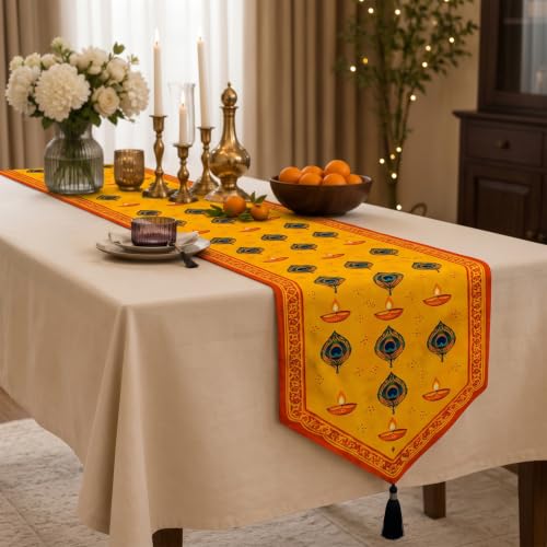 Image of Dining Table Runner -Diwali Indian Diya with Peacock Print Theme,Digital Print, Washable, Indoor /Outdoor, Heat-Proof, Wipe & Clean (135X33 cm) Yellow & Multi