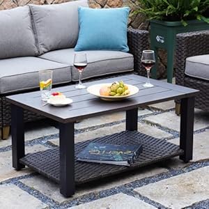 Grand patio Outdoor Coffee Table with Wicker Storage 40 Inch Side Table Modern Rectangle with Faux Wood Tabletop Fits with Conversation Set