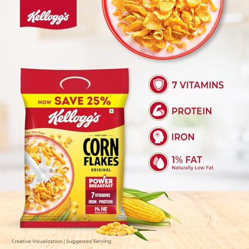 Image of Kellogg's Corn Flakes Original | Power of 5: Energy, Protein, Iron, Calcium, Vitamins B1, B2, B3 & C | Cornflakes, Breakfast Cereal | Naturally Cholesterol Free, 251g / 260g / 275g (Weight May Vary)