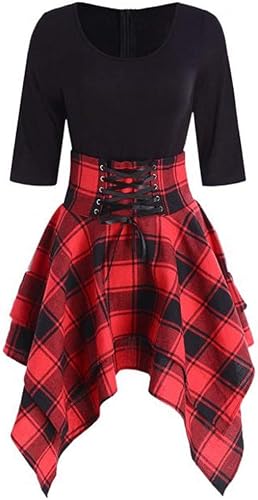 Dress Tartan Lace O Neck Casual Fashion Print Asymmetrical Up Plaid Mini Women Womens Summer Midi Dresses for Women