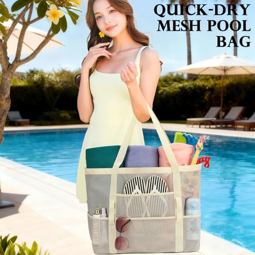 Image of Fammart Mesh Beach Bag for Women, Large Beach Toy Pool Bag with Zipper Pocket, SandProof Cruise Essentials 2026 Family Travel