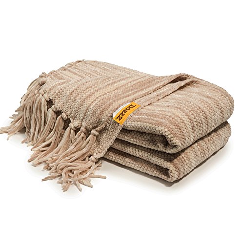DOZZZ Thick Fluffy Chenille Knitted Throw Blanket with Decorative Fringe and Striped for Couch Cover Sofa Chair Bed Gift Mixed Brown