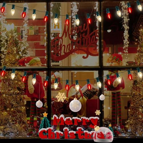 Image of C7 LED Red and Frosted White Christmas Lights 25FT Outdoor Christmas Decorations String Lights with 27 Shatterproof LED Bulbs, Hanging Vintage Christmas Light for Outdoor Garden Wedding Roofline Patio