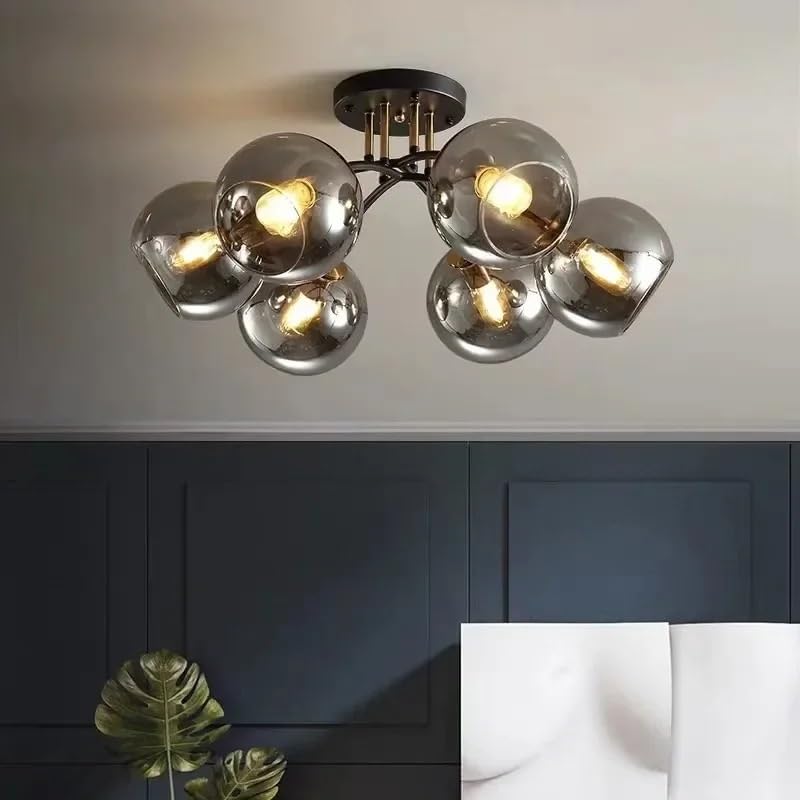 Plafonnier industriel moderne 6 têtes en verre fumé noir et or pour décoration salon