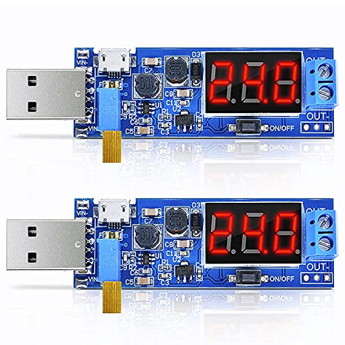 【2024最新改良】MdskGang 2個 USB DC-DC昇降圧コンバータ 調整可能な電圧レギュレータ DC 5VからDC 1.2V~24V 昇圧-ステップダウン安定器 ステップアップ電源モジュールボード USB入力5V から2V 3.3V 9V 12V 24V、車/充電器/電池に最適、電気技師 & DIY 愛好家向け電圧コンバータ（LCDディスプレイ付）