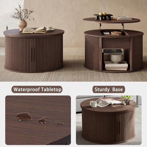 Image of LINSY Lift Top Coffee Table, Round Fluted Coffee Table with Storage, Mid Century Modern Wooden Coffee Tables with Sliding Tambour Door, 31.5 inch Center Table for Living Room, Office, Small Space, Walnut