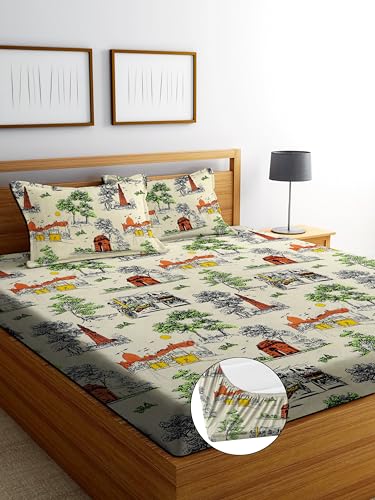 Image of DECORUM Glace Cotton Fitted 1 Bedsheet King Size (72 inchx78 inch) | All Around Elastic | Cotton Feel | 2 Pillow Covers (17 inchx27 inch) | Fits Up to 8 inch Mattress | 200-220 TC | Printed Double Bed Sheet Set