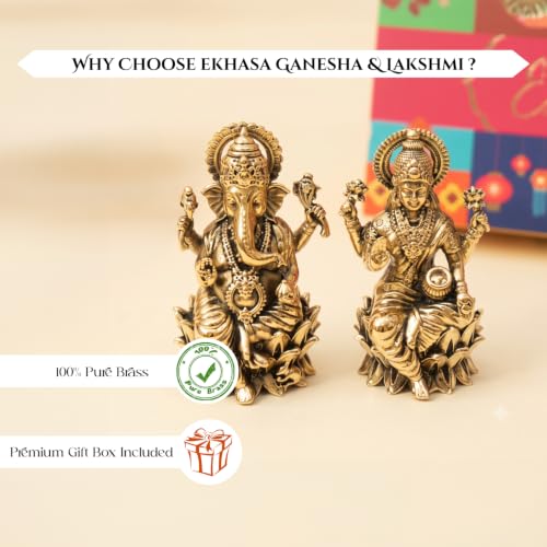 Image of Ekhasa 100% Pure Brass Lakshmi Ganesh Idol with Gift Box | Pital Murti for Pooja Room Decor Office Desk | Religious Housewarming Grah Pravesh Diwali Wedding Gift for Couple