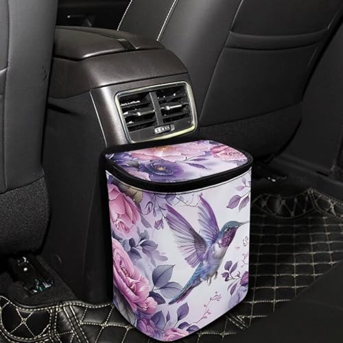 Image of Talayituse Hummingbird Rose Flower Print Car Trash Can with Adjustable Straps, Car Trash Bag Bin Car Garbage Bag Multipurpose Storage Box for Vehicle Travel Camping Picnicing