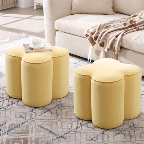 Image of Zesthouse Flower Pouf Ottoman Foot Rest Set of 2, Velvet Fabric Poofy Ottoman Footstool for Couch, Modern Living Room Stool for Under Entry Table, Cute Square Vanity Stool for Bedroom Dorm, Yellow