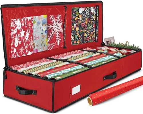 Christmas Wrapping Paper Organizer Storage, With Straps & Pockets, Gift Wrap Organizer Bag For Christmas Decorations, Fits Upto 24 Rolls, Underbed Storage for Holiday Decoration, (Red)