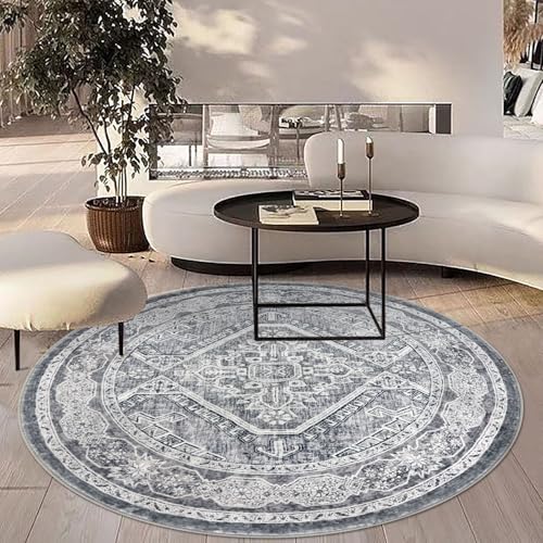 KUTA Oriental Round Rugs 5ft, Grey Washable Circle Rug 5ft, Non-Slip Printed Vintage Medallion Carpet for Living Room, Soft Cozy Dining Kitchen Throw for Entryway