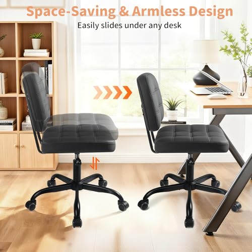 Image of Armless Home Office Desk Chair - Small Swivel Office Desk Chairs with Rolling Wheels - Height Adjustable PU Leather Computer Chair with Comfy Low Back - For Small Space, Bedroom, Home, Vanity - Black | SGS Certified Gas Lift, Adjustable Height, 250lb Weight Capacity, PU Leather, Quiet Wheels, Fits Under Desk, 6 Color Options