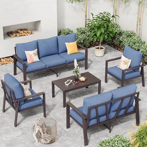Image of Aluminum Patio Furniture Set 5 Pieces Modern Patio Conversation Sets for Porch, Deck, Garden, 7-Seat Outdoor Furniture Metal Sofa Set with 4 inch Water-Resistant Cushion & Coffee Table,Navy