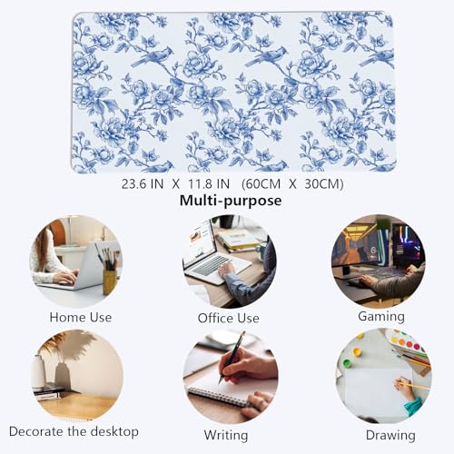 Image of Navy Blue Chinoiserie Mouse Pad,Vintage Blue and White Floral Desk Mat,XL Large Flowers and Birds Preppy Mouse Pad,Girly Laptop Desk Mat for Dorm Home Office,23.6x11.8 Inch