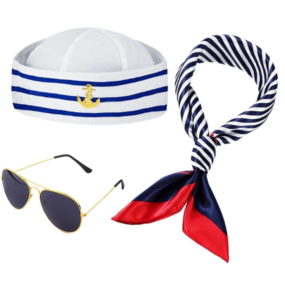 Matrosenmütze & Schal Set – Halloween Kostüm, Blau-weiß, Für Damen & Herren