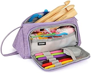Aeelike Crochet Hook Case, Crochet Hook Organiser Empty Large for Larger Hooks and Knitting Accessories, Double Zip Crochet Bag with Elastic and Mesh Pocket, Crochet Hooks Holder Case, Purple