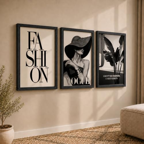 Image of NoWorries Modern Fashion Wall Art Frame Paintings 300 GSM Premium Prints | Vogue Lady Art, Botanical Print & Typography Frames | Stylish Home Decor for Living Room, Office & Bedroom | Synthetic Wooden Finish Wall Art Frames (Set of-3) (BLACK, ART-13, 25X37INCHES)