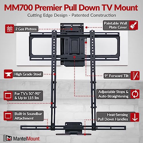 Mantelmount MM700 Premier Fireplace Tv Mount Pull Down Bracket For 50 Inch-90 Inch & 25-115 Lb Televisions Above Mantel With Sound Bar Attachment, Paintable Covers & Safety Pull Down Handles thumb #2