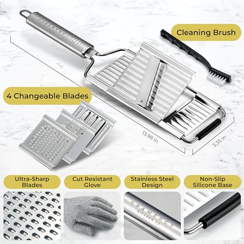 Image of Gramercy Handheld Mandoline Slicer for Kitchen - Stainless Steel Veggie & Fruit Slicer with 4 Blades - Slicer, Julienne & Grater; Cut Resistant Safety Glove & Cleaning Brush Included; Dishwasher Safe