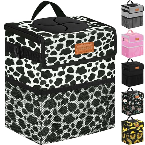 Image of ELONGRIVER Car Trash Can Bin for Back Seat Leak Proof, Cute Car Trash Bag Hanging, Vehicle Trash Can for SUV Truck Van, Automotive Garbage Cans Front Seat Cow Print, 2 Gallons