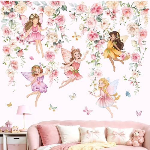wondever Watercolor Flower Fairy Wall Stickers Pink Floral Girls Butterfly Peel and Stick Wall Art Decals for Baby Nursery Kids Room Girls Bedroom