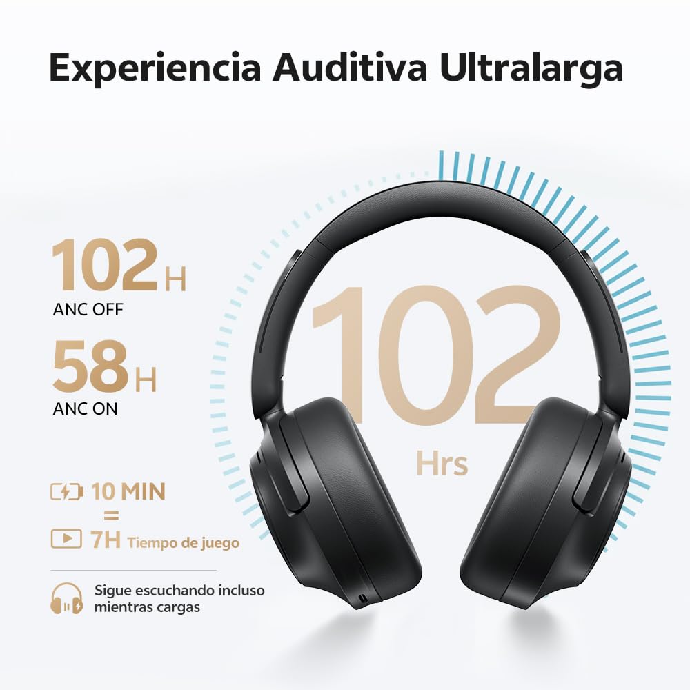 QCY H3S Cascos Inalámbricos Bluetooth Cancelación de Ruido Activa Adattiva, 56dB Noise Cancelling, 102H Reproducción, LDAC Hi-Res, Sonido Espacial, Llamadas Nítidas, Auriculares Diadema Bluetooth 6.0