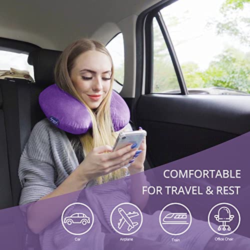 Image of Neck Pillow for Travel Memory Foam - Airplane Pillows for Sleeping with Attachable Snap Strap Soft Washable Cover, Flight Pillow for Traveling, Car, Home, Office, Provide Head Neck Support Rest Purple