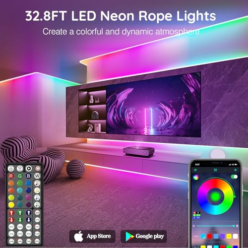 Image of SINLEY Led Neon Rope Lights,Control with App /Remote,Flexible Led Rope Lights,Multiple Modes,IP68 Outdoor RGB Neon Lights Waterproof,Music (32.8FT)