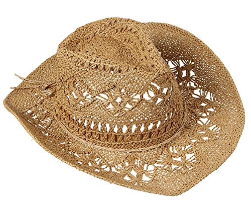 Image of Men & Women's Summer Cowboy Cowgirl Straw Hat Hollow Out Woven Roll Up Wide Brim Sun Hat with Chin Strap